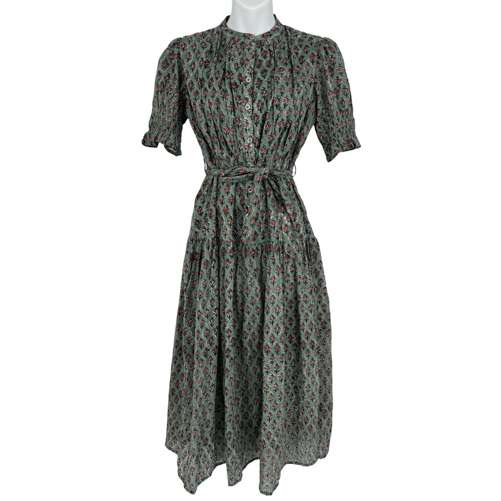Daughters of India Prairie Dress XS Sage Green Floral Button Front Midi Cottage